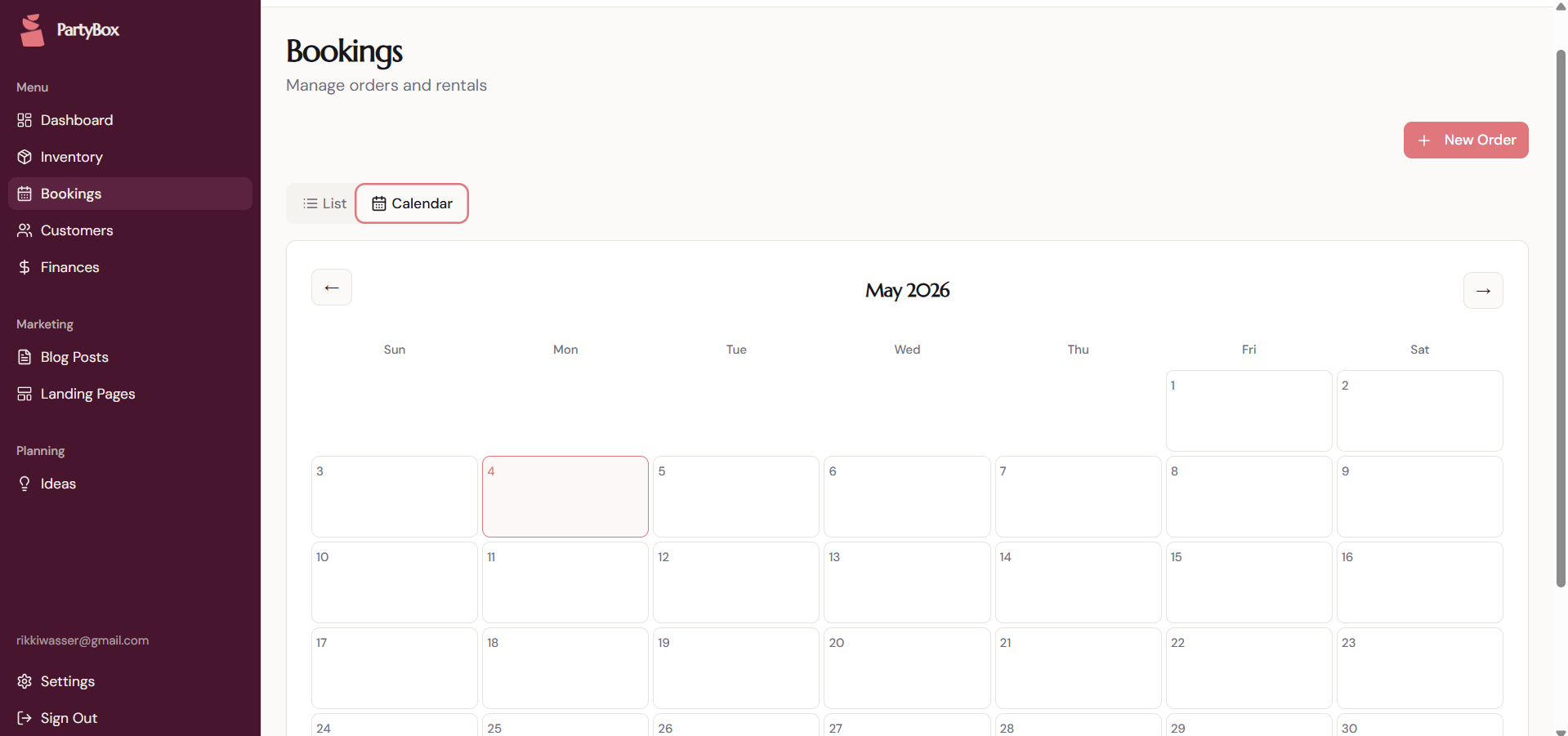 Bookings calendar